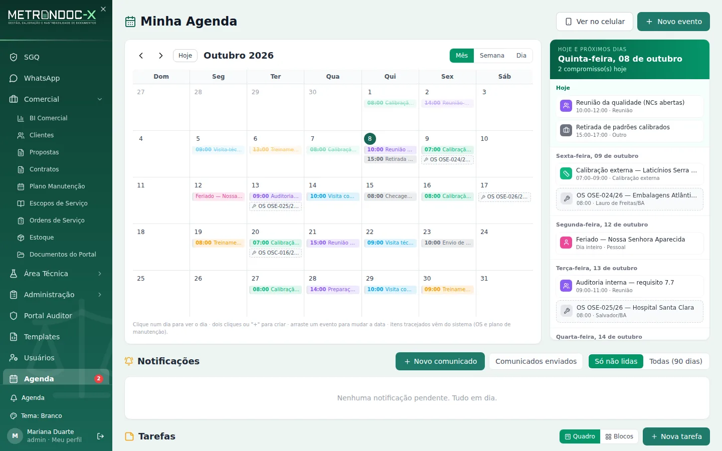 Agenda da equipe em visão mensal com calibrações, visitas, auditorias e ordens de serviço
